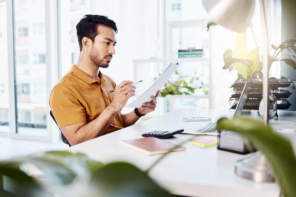 Paperwork,,Office,Analysis,Or,Man,Reading,Financial,Documents,,Budget,Funding